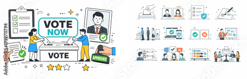 Democracy and voting process illustration with people casting ballots and approved stamps