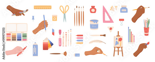 Set of flat painter supplies isolated on white background in pastel color. Hand draw art tool kit with pencil, marker and brush. Cute doodle palette and paintbrush for school class, creative workshop