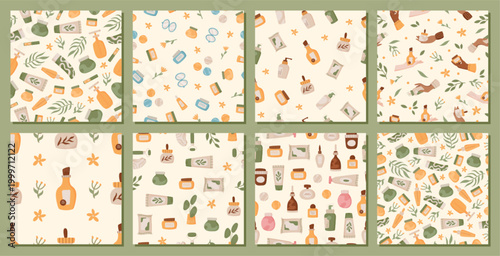 Flat beauty skin care pattern set seamless. Cosmetic skin product motif with bottle and cream jar as soft background. Seamless skincare lotion concept for spa pack and natural fashion banner