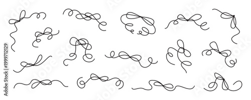 Whimsical black hand drawn wedding bows set. Romantic ribbon ornament set as curly bow doodle element for cute invite and simple card. Decorative outline frame for vintage celebration menu or