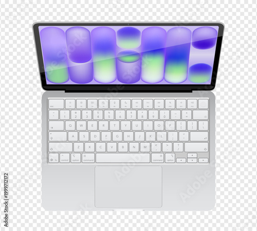 Photorealistic detailed silver notebook mockup. Front view of opened notebook with keyboard isolated on transparent background. Vector illustration