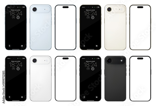Detailed gold, white, black and blue mobile phone mockup pack. Front and rear view isolated on transparent background. Vector PNG