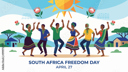 Joyful South African people in traditional attire dancing to celebrate Freedom Day on April 27, with a vibrant sun and cultural village background.
