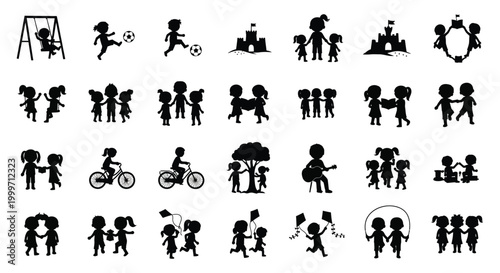 children playing various activities black silhouette high quality professional detailed modern elegant stylish clean crisp vibrant colorful digital creative innovative contemporary