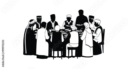 group of people dining together in traditional attire silhouette high quality professional detailed modern elegant stylish clean crisp vibrant colorful digital