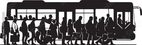 Silhouette of people boarding a bus, black and white illustration