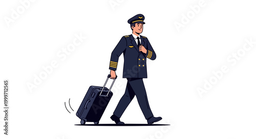 Airline pilot in uniform walking with a rolling suitcase illustration