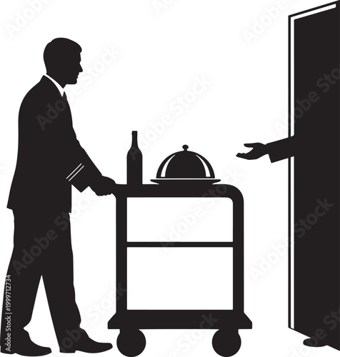 Hotel room service delivery by trolley and bellhop with covered dish