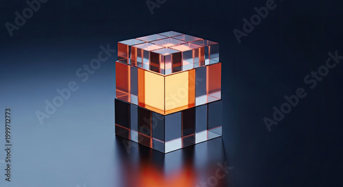 Geometric abstract cube structure made of transparent glass blocks with glowing orange center