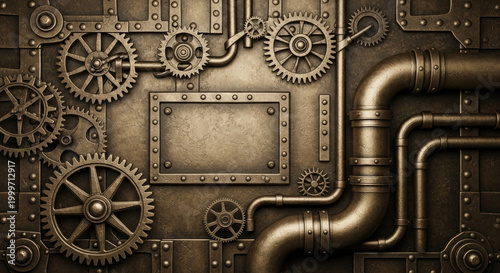 Steampunk industrial mechanism with gears pipes and rivets on a textured metallic background