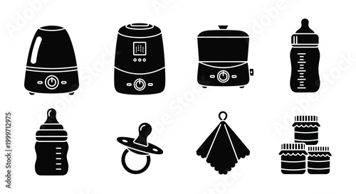 set of baby care items including bottles pacifier and containers silhouette high quality professional detailed modern elegant stylish clean crisp vibrant