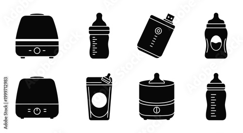 set of baby bottles and humidifiers in silhouette style high quality professional detailed modern elegant stylish clean crisp vibrant colorful digital