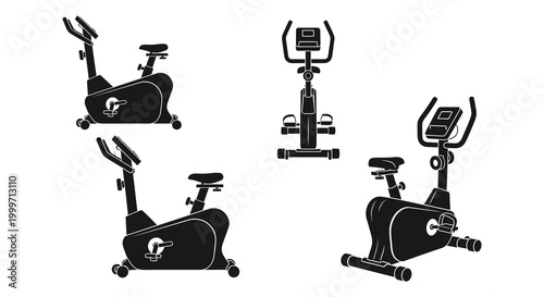 exercise bike silhouettes in various angles on white background silhouette high quality professional detailed modern elegant stylish clean crisp vibrant colorful