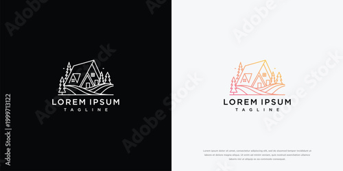 Minimalist Line Art Cabin Home and Nature Landscape Logo Design