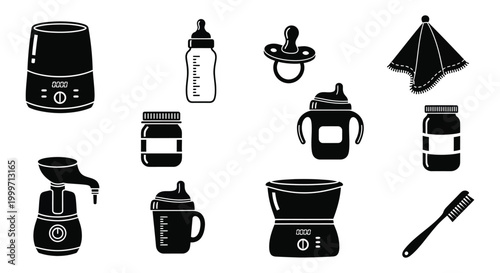 set of baby care items including bottles pacifier and feeding equipment silhouette high quality professional detailed modern elegant stylish clean crisp