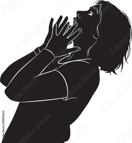 Silhouette of person looking up in amazement with white background