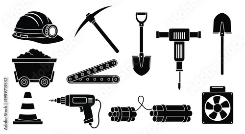 collection of mining tools and equipment silhouettes high quality professional detailed modern elegant stylish clean crisp vibrant colorful digital creative innovative