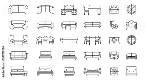collection of vector line drawings of modern furniture for interior design including sofas beds and dining sets