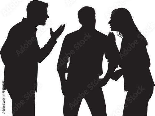 Three people arguing in silhouette with black and white