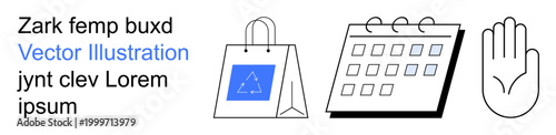 E-commerce, scheduling, retail, organization, planning, digital services. Features a shopping bag, a calendar and a hand gesture in minimalist line art. E-commerce and scheduling concept