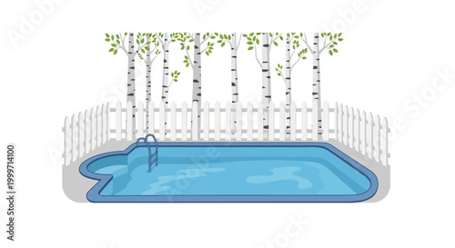 a swimming pool surrounded by white fence and trees.