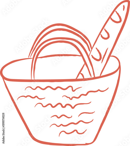 Basket With Baguette Doodle Sketch