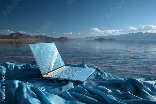 Modern Laptop on Blue Silk by Mountain Lake