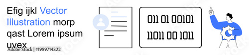Data privacy, identity verification, cybersecurity, digital systems, authentication, and technology concepts. User profile icon, binary code and human figure holding a gear. Focuses on data privacy