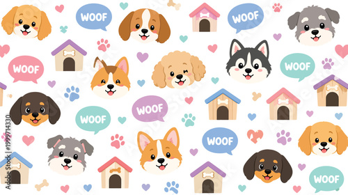 Cute cartoon dog seamless pattern, adorable puppy faces with doghouses and hearts, pet shop vector background