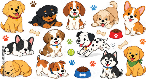 Cute puppy cartoon character set, adorable dog breed illustrations, 11 pet animal vectors for nursery and kids design