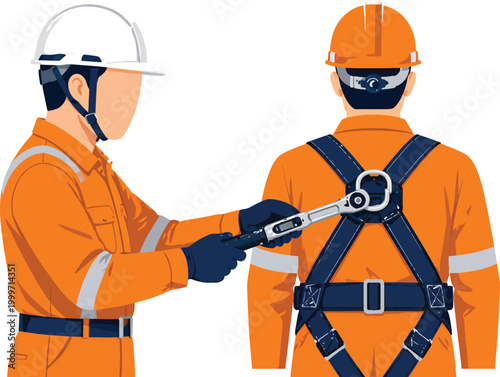 Industrial safety inspection vector, worker checking fall protection harness, construction site safety training