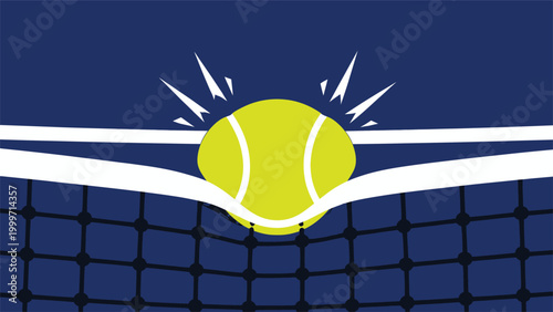 Tennis ball hitting net with impact effect, yellow tennis ball action vector, sports competition graphic on blue background
