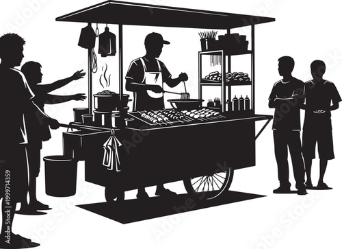 Street food vendor serving customers from cart with customer, commerce