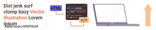 Web development, programming, coding, digital tools, education, technology. Image shows a laptop, HTML code snippet and upward arrow. Web development and programming concept