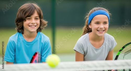 Happy boy and girl playing tennis on a court