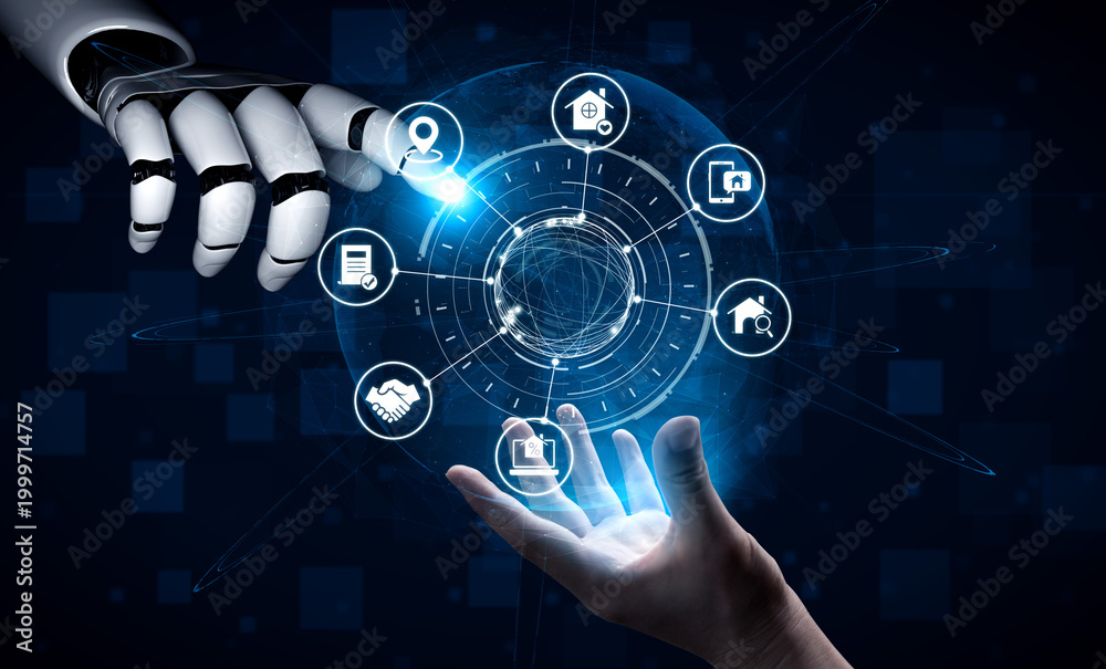 Obraz premium AI assisted property search icons showing online housing rent, sale, home mortgage, contract, location, property management, real estate investment and market Entice