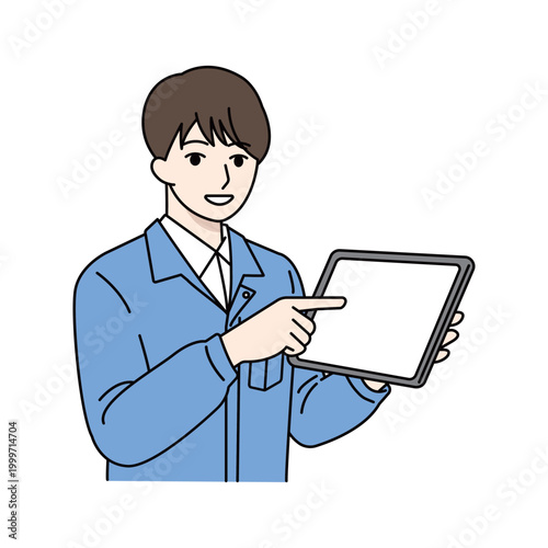 タブレット画面を指差す男性作業員