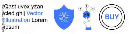 Cybersecurity, human resources, e-commerce, digital authentication, online security, recruitment. Blue shield with fingerprint, HR touch icon buy button. Cybersecurity and human resources concept