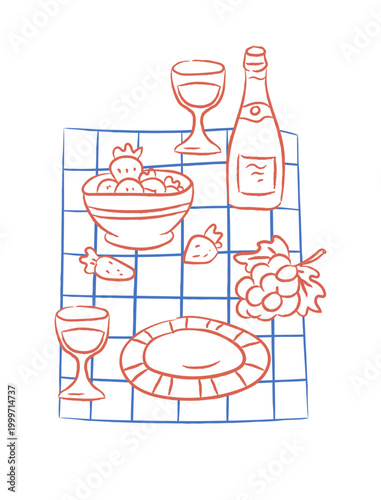 Picnic Spread On Checkered Blanket Doodle