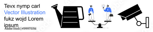 Business ethics, workplace balance, surveillance, sustainability, technology, responsibility. A watering can, human figures on scales and a surveillance camera. Business ethics and sustainability