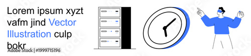 Time management, IT systems, data storage solutions, tech infrastructure, personal productivity, digital communication. Data servers, clock and a person gesturing. Time management and IT systems