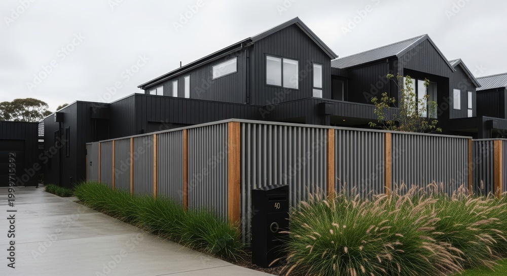 Fototapeta premium Modern black house with corrugated metal fence and timber posts. Contemporary residential architecture with minimalist exterior design. Suburban life and luxury property real estate concept.