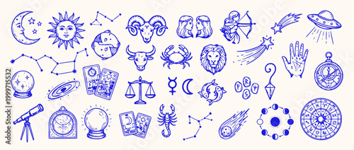Zodiac and Celestial Symbols: A collection of meticulously detailed celestial and astrological symbols, including zodiac signs, planets, and cosmic elements.