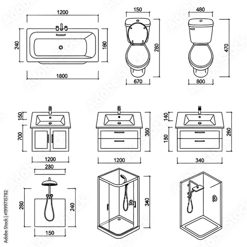 detailed architectural drawings of bathroom fixtures including tub toilet and vanities