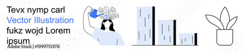 Personal growth, creativity, self-improvement, business analytics, sustainability, gardening. Woman pouring water on flowers from her head, a bar graph and a potted plant. Personal growth