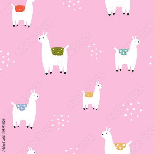 Seamless cute llama, alpaca pattern on pink background