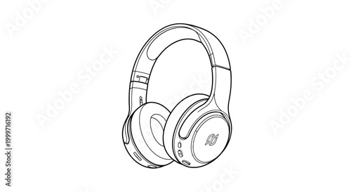 Detailed line art illustration of modern over-ear wireless headphones for audio listening and entertainment.