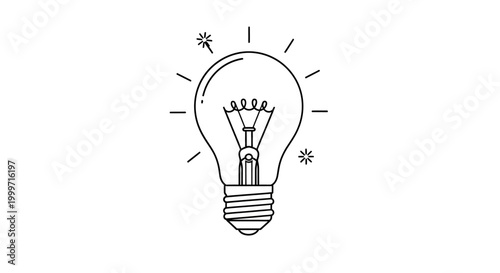 A simple black and white line art illustration of a glowing incandescent light bulb, symbolizing ideas and innovation.