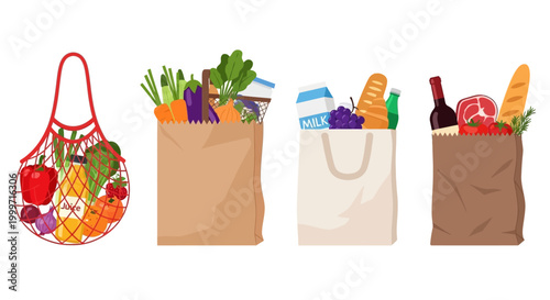 Grocery bags, shopping bags, reusable bags, colorful illustration, eco friendly, vector icons