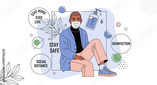 COVID-19 safety icons, coronavirus prevention measures, social distancing concept, vector illustration